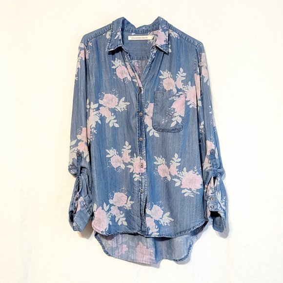 STANDARD GRACE Women's floral denim button-up shirt, adjustable sleeves, MEDIUM - Picture 3 of 16